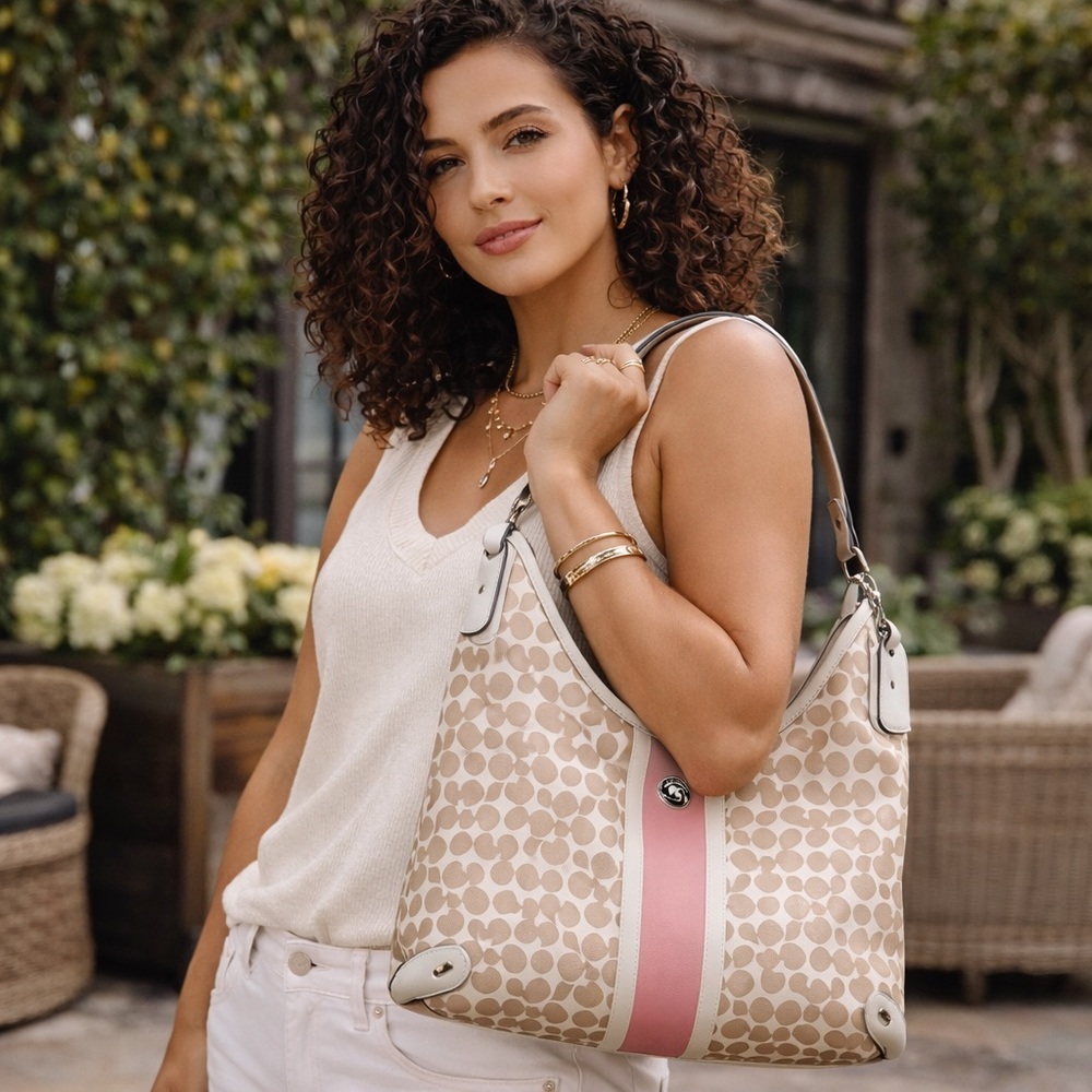 Coach Beige Signature Canvas Shoulder Hobo Bag with Pink Center Stripe